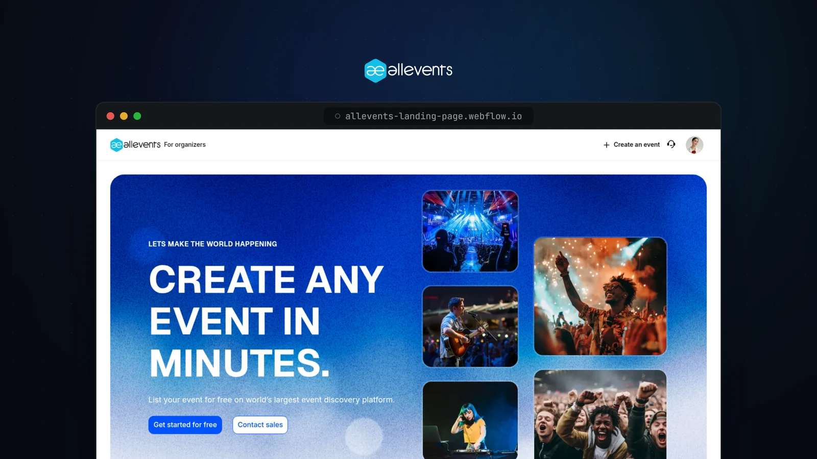 AllEvents paid-ads landing page built in Webflow, shown in a browser window