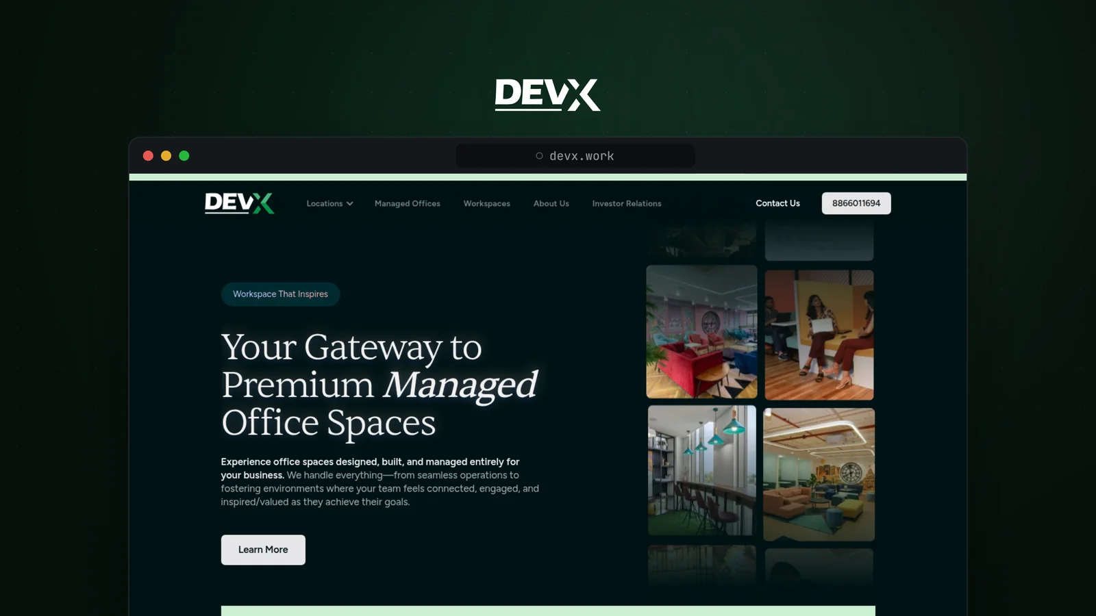 DevX managed office spaces website homepage built in Webflow, shown in a browser window