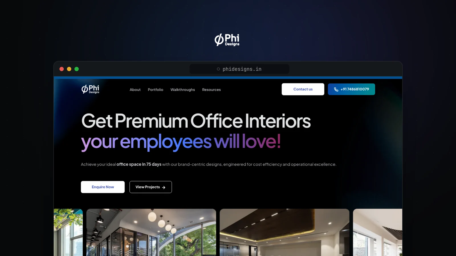 Phi Designs marketing website homepage built in Webflow, shown in a browser window